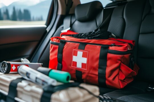 A red first aid kit with white cross and various medical supplies inside a car, showcasing the importance of emergency gear for health and safety on the road.
