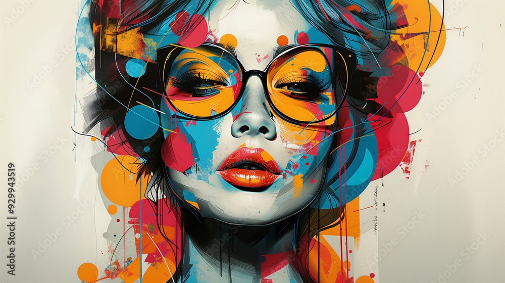 Wall mural Contemporary pop art portrait of young woman in sun glasses in modern bright colors paint. Abstract wallpaper artwork