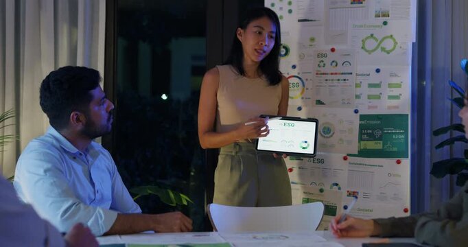 Group diverse Asia businesspeople talk ESG strategies risk management workshop night, SDGs, global warming, green finance and investment and net zero waste lifestyles in boardroom training building.