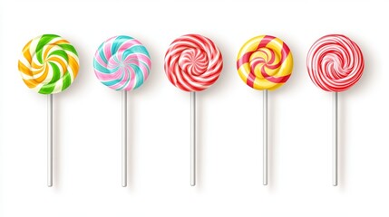 A set of spiral striped colorful lollipops isolated on a transparent background