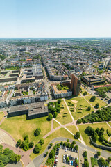 High top wide angle view of city buildings from Dusseldorf Rhine Tower in North Rhine-Westphalia, Germany