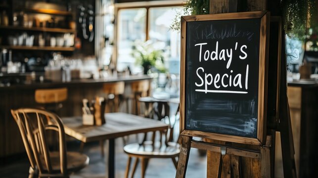 Indoor blackboard sign "Today's special" in a cafe restaurant Fast food service Chalkboard template Small business advertisement Menu stand Bar Drink serving Coffee shop interior Wooden furniture Job