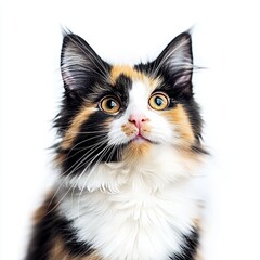 Calico cat with funny face closeup, isolated on transparent background