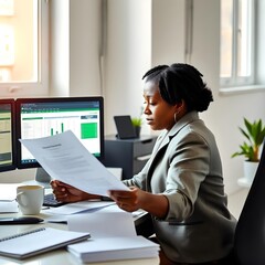 An employee working on a financial report, with spreadsheets open on dual monitors