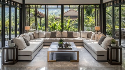Obraz premium Modern living room with large windows overlooking a tropical garden and a sectional sofa with pillows and a coffee table.