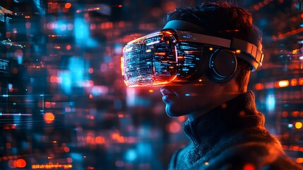 Man in VR Headset Exploring Digital World, Futuristic Tech