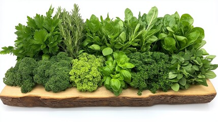 Fototapeta premium A wooden board with a variety of green herbs and vegetables on it. The board is placed on a white background