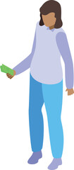 Young woman is holding cash, depicted in a modern isometric style