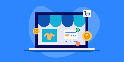 Ecommerce purchases secure online payment transaction digital checkout from laptop computer, vector illustration concept.