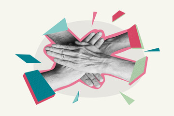 Composite photo collage of hands hold high five gesture meeting colleagues cooperation concept team...