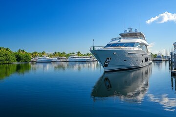 A large white boat is docked at a marina