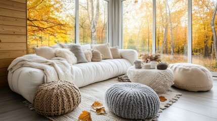Cozy living room with a white couch and autumn scenery outside the window.