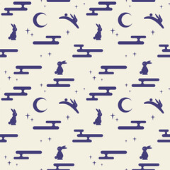 Monochrome seamless pattern with clouds and rabbits in traditional chinese style. Mid Autumn Festival background, banner, moon, Mooncake fest