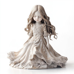 Fototapeta premium 3D porcelain figurine of a little girl in a vanilla lace fluttering dress, isolated, on a white background. A resource for creativity, a template, a decorative element for presentations of holiday dre
