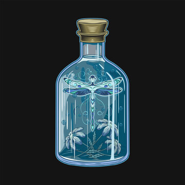 Magic bottle with blue poison, potion with fantasy pixie dragonfly, chamomile flowers inside. Halloween creepy illustration in vintage style