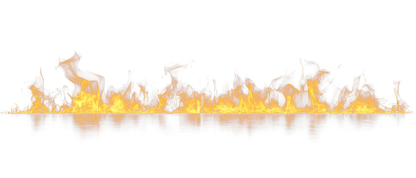 Real line of fire flames isolated on black background. Mockup on black of wall of fire.