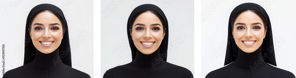 Wall mural portrait of beautiful arab woman wearing black headscarf in studio, isolated on transparent backgrou