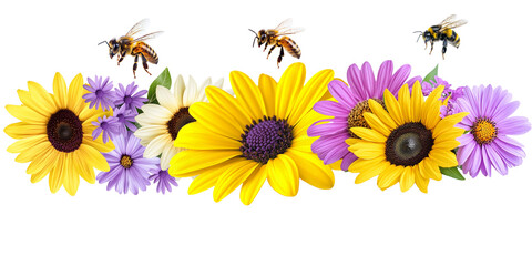 Set of colorful flowers and flying bees