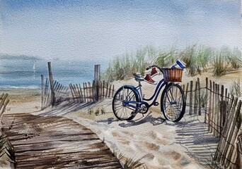 Watercolor bike with basket and towel on the ocean beach by the fence