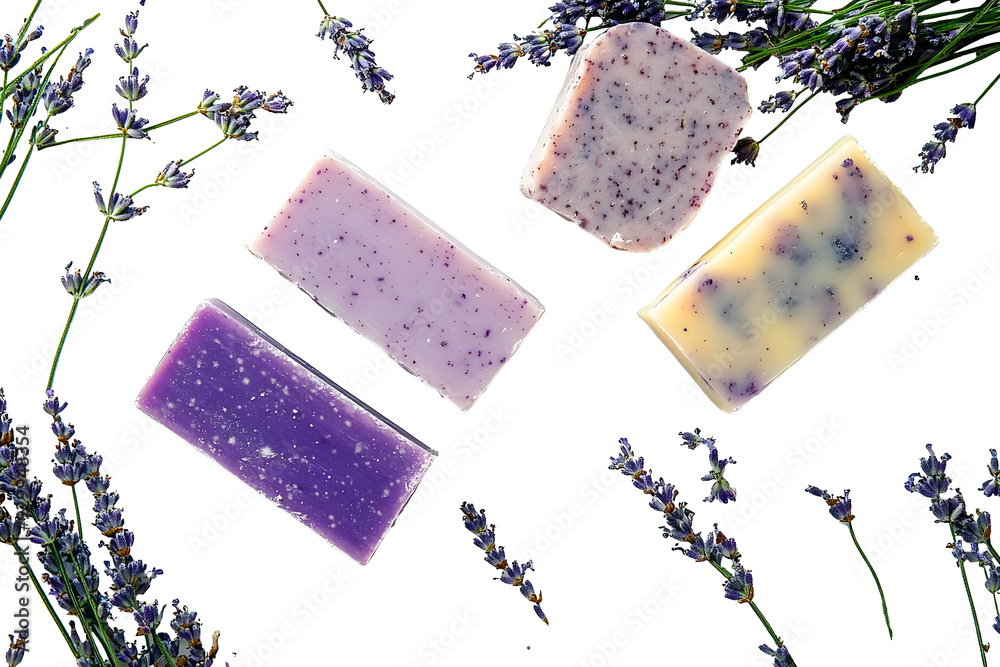 Sticker Handmade soap bars and lavender on white background, top view