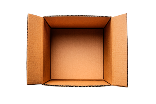 Open cardboard box on a white background, showcasing the interior and flaps, suitable for moving, shipping, or storage concepts. Ideal for businesses related to logistics, e-commerce, and home organiz