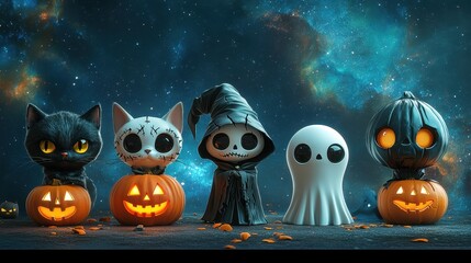 Obraz premium Characters for Halloween,ghost, witch,pumpkin and black cat, party costume character collection,banner horror vector set design,kids party mascot collection,trick or treat,sale october season.