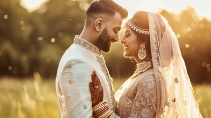 A joyful Indian couple shares a tender moment in traditional wedding attire surrounded by nature at sunset