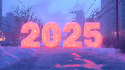 The text is "2025". A depressing winter city. Realistic photography. 3 d.
