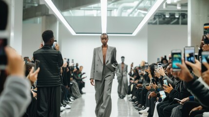 A model walks the runway wearing an elegant gray suit, surrounded by an audience capturing the moment with their smartphones