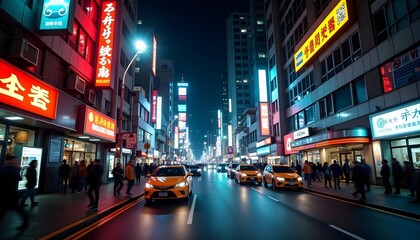 Fototapeta premium Busy city street at night, bustling with people, cars, and neon lights, captured with a wide-angle lens in low light. Showcasing a vibrant and energetic urban scene.