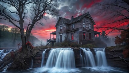 A dilapidated house perched atop a cascading waterfall, bathed in an eerie red twilight.