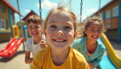 Children playing on a modern playground with swings, slides, and other equipment, captured with a standard lens in bright daylight. Showcasing a joyful and energetic atmosphere.