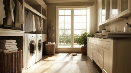 Modern Laundry Room with White Cabinets, Washers, and a Large Window.