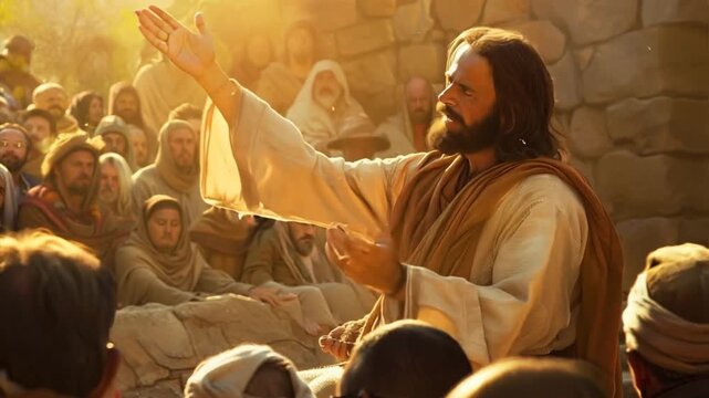 Jesus preaching during his ministry, compassionate and serene expression.
