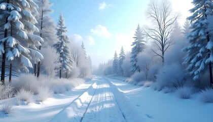 Fototapeta premium Snow-covered forest with frosty trees and a clear blue sky, captured with a wide-angle lens in bright winter daylight. Showcasing a serene and wintry atmosphere
