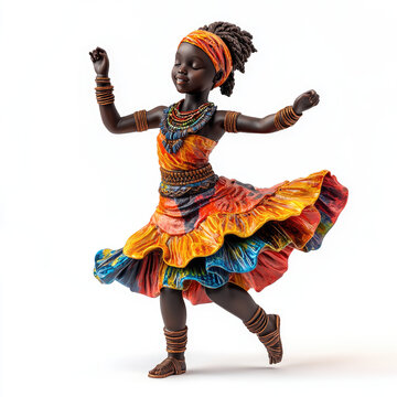 3D porcelain figurine of an African dance dancer, isolated on a white background. A resource for creativity, a template, a souvenir, a decorative element for presentations of dance outfits and accesso