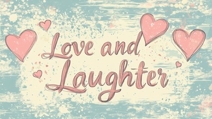 Digital illustration of the text "Love and Laughter" in a romantic, flowing script with heart motifs and soft pastel colors in the background. The design is tender and heartfelt, perfect for wedding