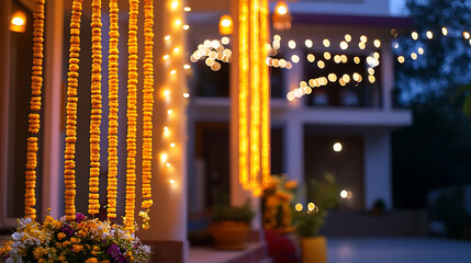 A beautifully decorated home entrance during Diwali, with vibrant string lights and bokeh effects highlighting the festive ambiance