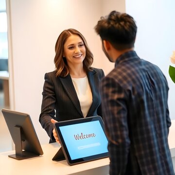 A receptionist greeting a visitor, with a guest sign-in tablet on the desk