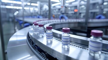 Fototapeta premium A conveyor belt with bottles of medicine on it