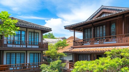 Obraz premium Traditional Japanese-style houses with wooden balconies and tiled roofs under a blue sky with clouds.