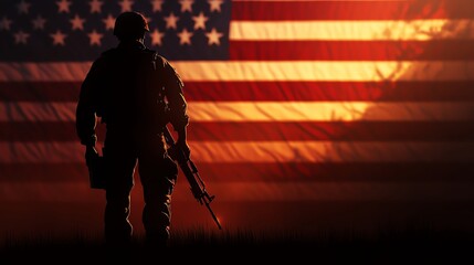 Obraz premium Silhouetted soldier standing proud in front of an American flag at sunset, symbolizing bravery and patriotism.