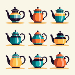 Collection of colorful teapots in minimalistic flat vector style