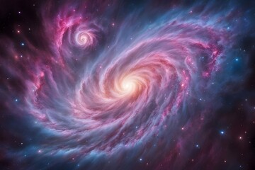 A vibrant galaxy with swirling clouds of pink purple and blue with a dense cluster of stars at it, AI Generated