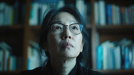A woman with glasses is looking at a bookcase full of books