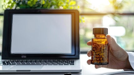 A person is holding a bottle of pills in front of a laptop