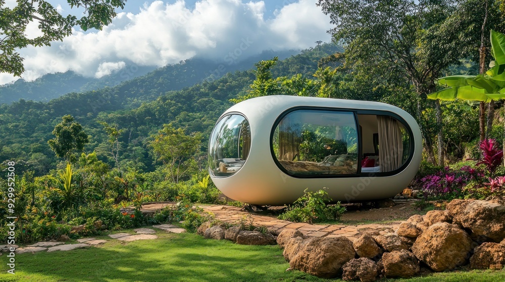 Wall mural modern capsule-shaped house with a panoramic view nestled in a lush tropical jungle.