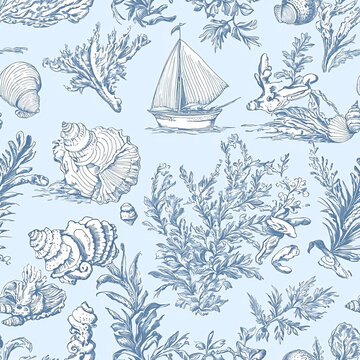 Elegant oceane blue toile Fabric,  undersea patterns