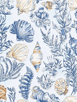 Elegant oceane blue toile Fabric,  undersea patterns