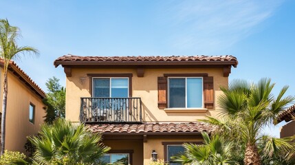 Fototapeta premium A tan stucco house with a balcony and windows, surrounded by palm trees, against a blue sky.